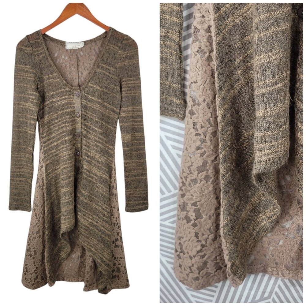 A’reve Anthropology Cardigan Long Lace Mix Hi Lo Size Small Boho Cottagecore Art